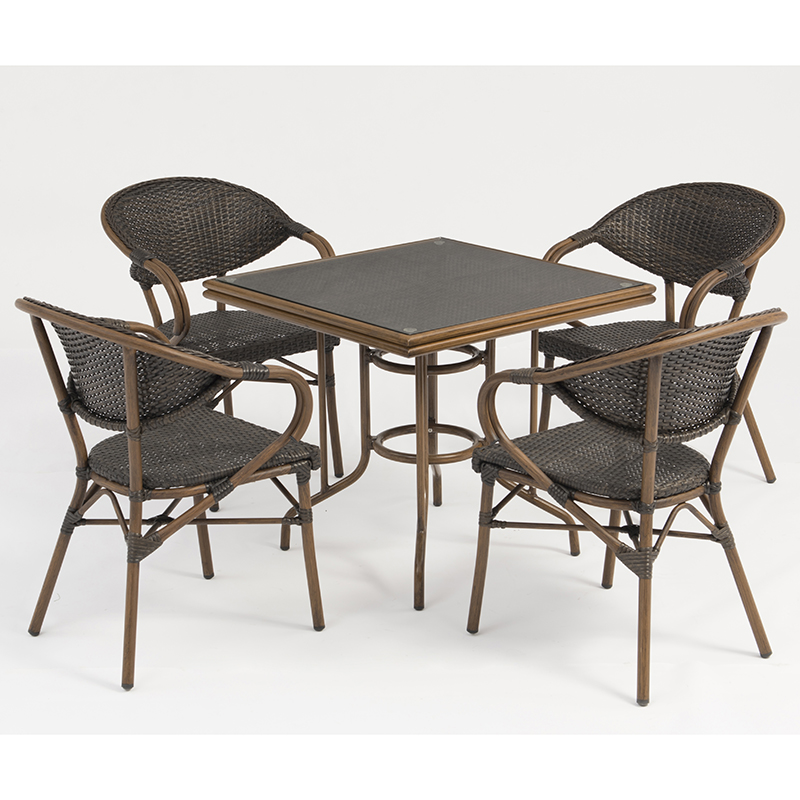 Rattan firkantet bordmøbler af aluminium med imiteret bambuskorn og hærdet glas